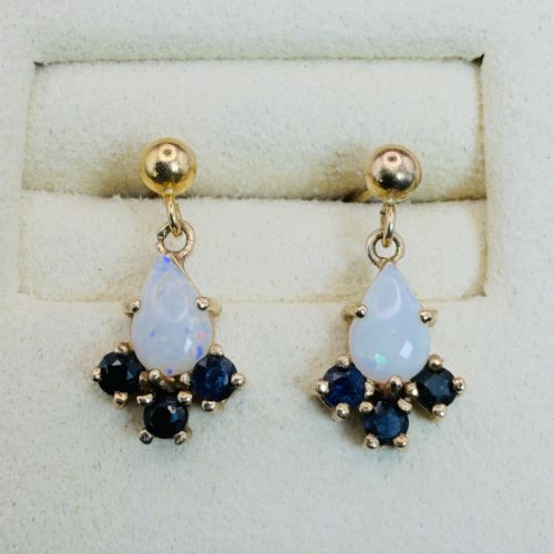 9ct Gold Vintage Pear Cut Opal and Sapphire Cluster Drop Stud Earrings