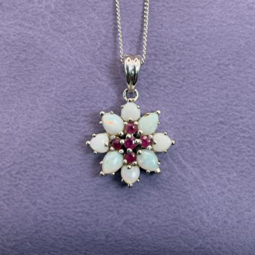 9ct White Gold Opal and Ruby Cluster Pendant Necklace