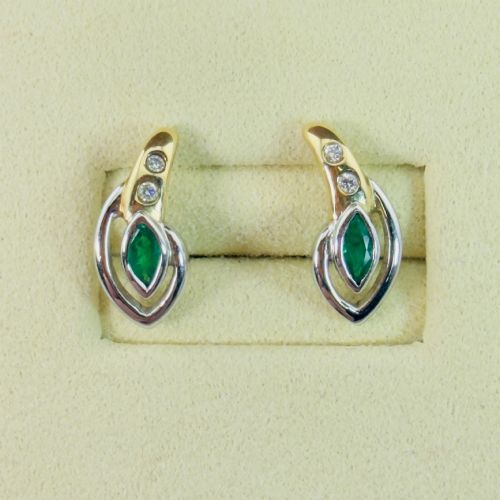 14ct Gold Marquis Cut Emerald and Diamond Stud Earrings