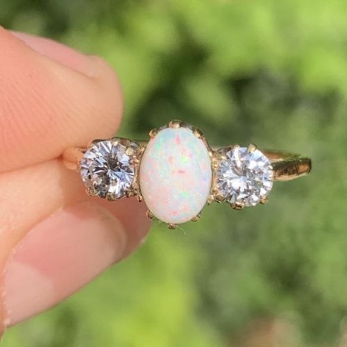 18ct Gold Art Deco Opal and Diamond (0.50ct) Three Stone Ring