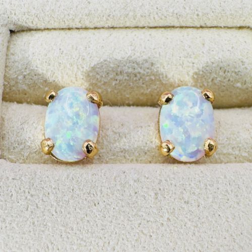 14ct Gold Vintage Oval Cut Opal Stud Earrings, C.1950's