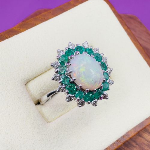 18ct White Gold Vintage Opal, Emerald and Diamond Cluster Cocktail Ring 5.4g