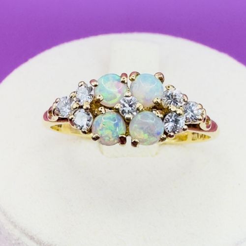 18ct Gold Round Cut Cabochon Opal and Diamond (0.21ct) Cluster Ring
