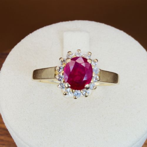 14ct Gold Ruby and Diamond Cluster Halo Ring
