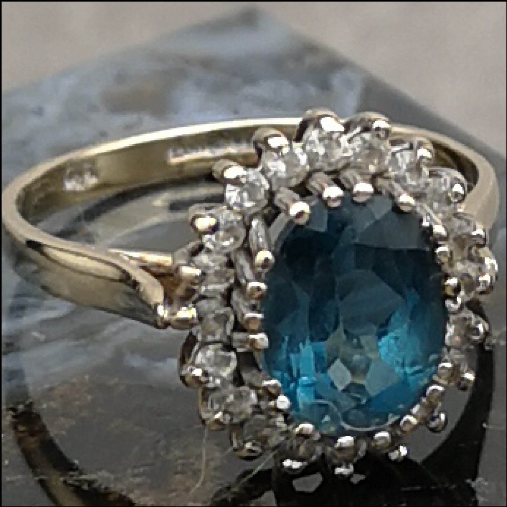9ct Gold Swiss Blue Topaz & Diamond Cluster Ring