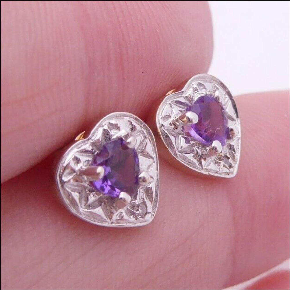 9ct Gold Pair of Diamond & Amethyst Heart Stud Earrings