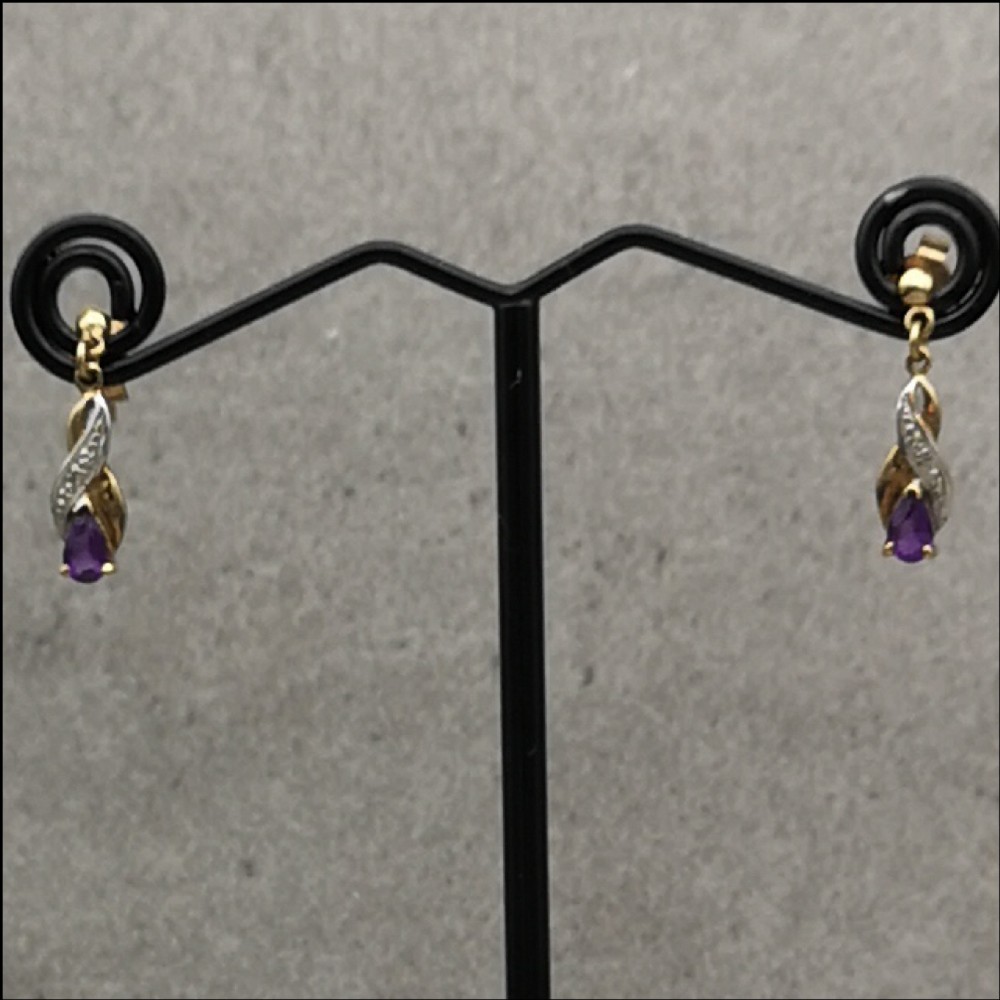 9ct Gold Amethyst and Diamond Drop Earrings