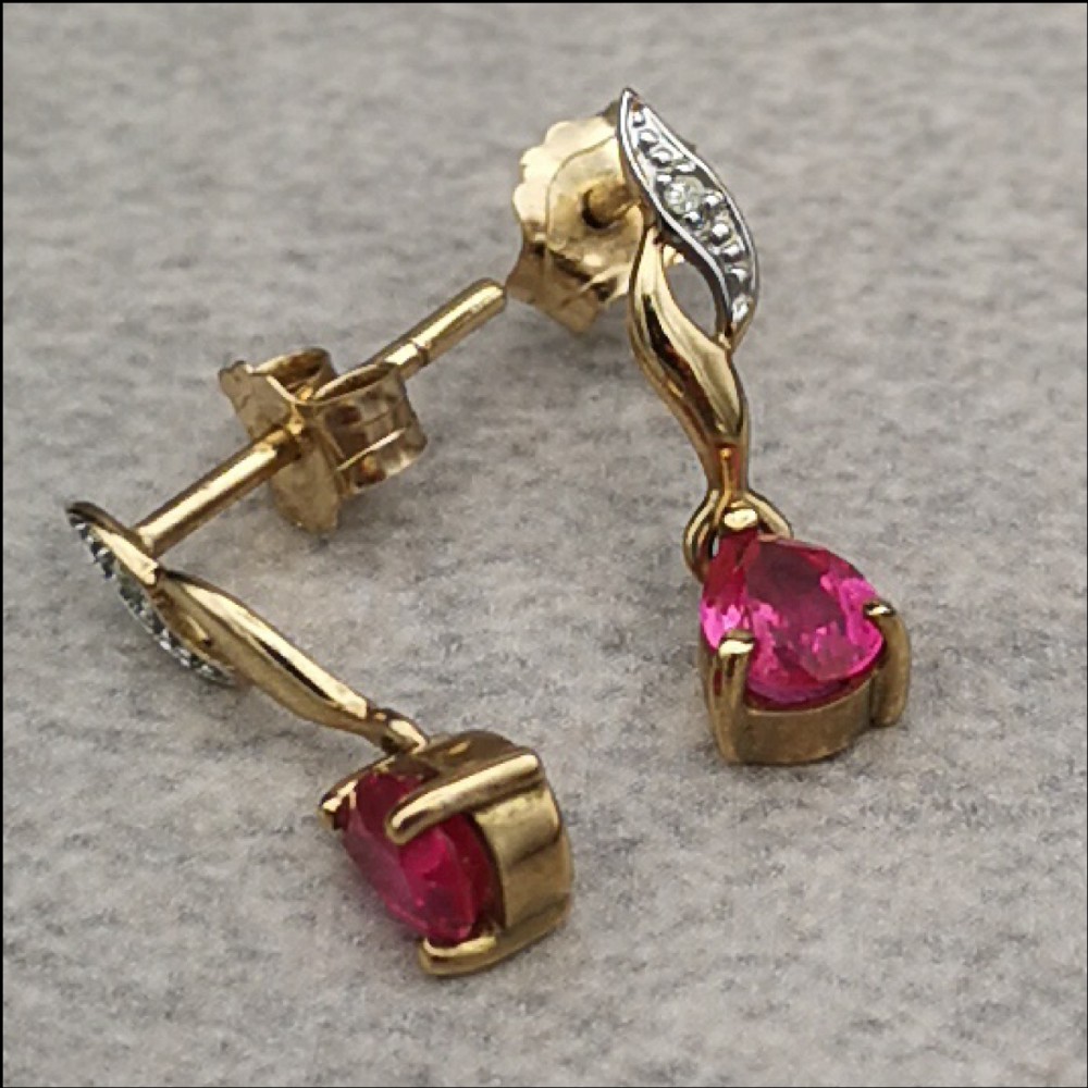 9ct Gold Diamond and Pink Sapphire Drop Earrings