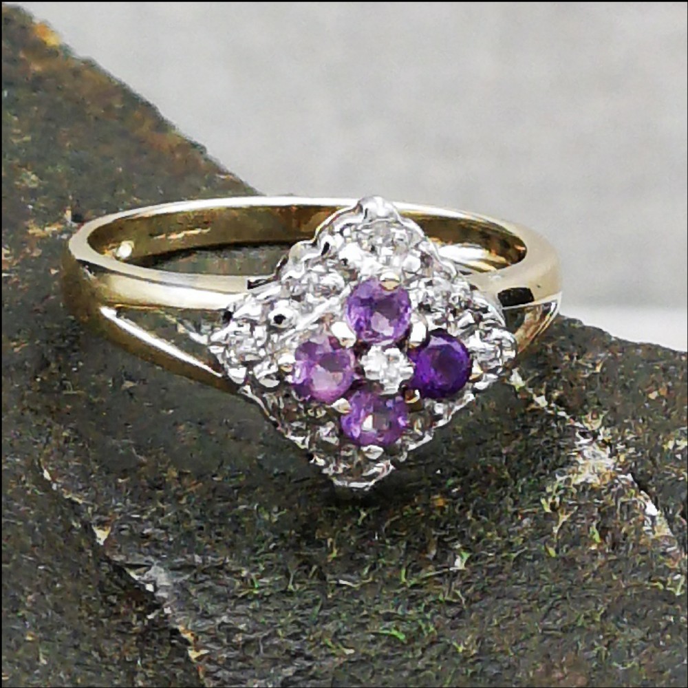 9ct Gold Amethyst And Diamond Cluster Ring