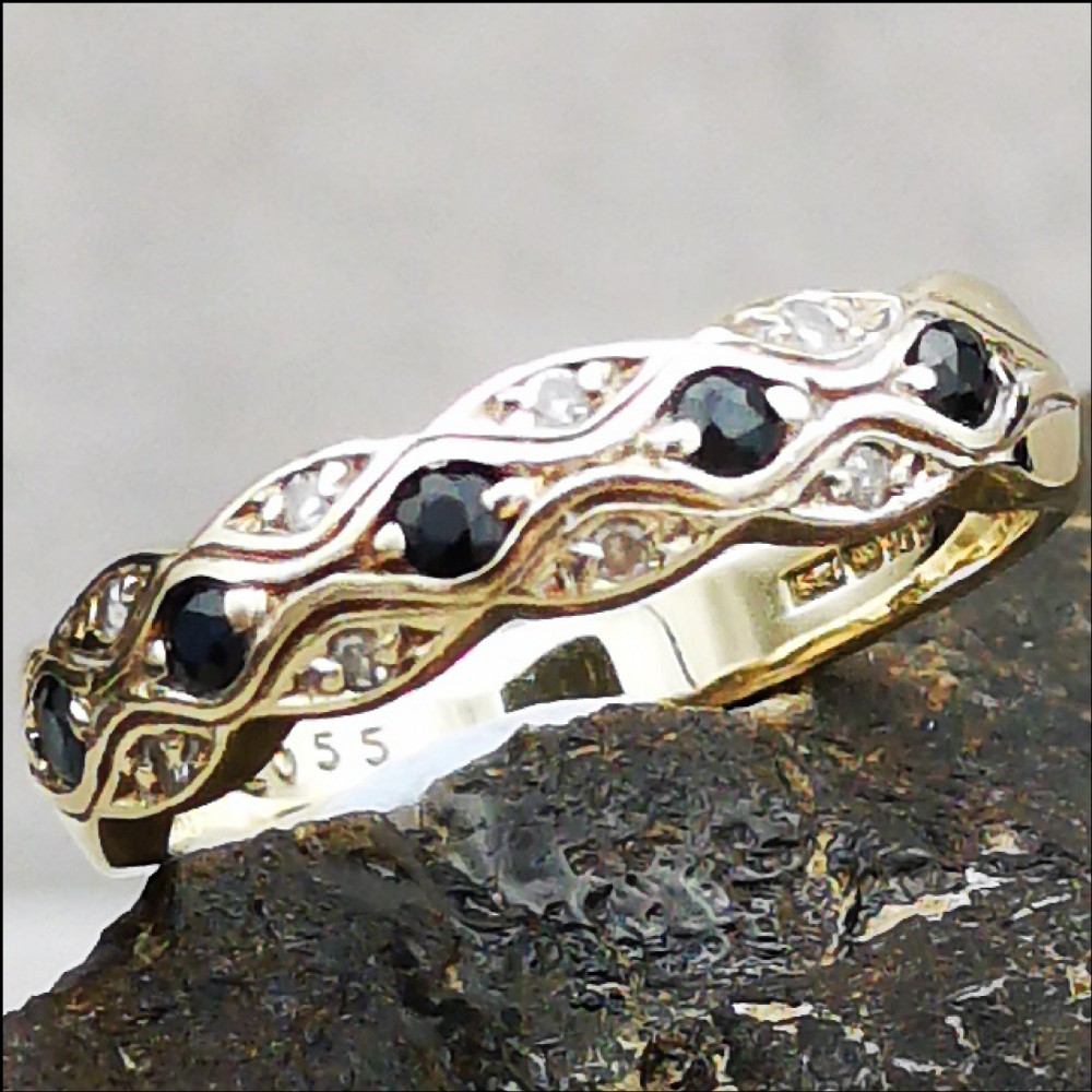 9ct Gold Sapphire and Double Row Diamond Ring