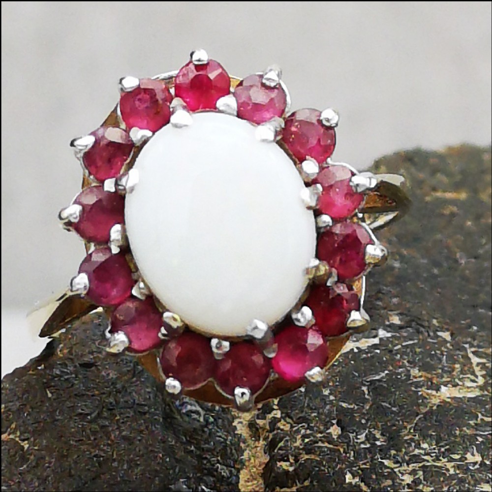 9ct Gold Fiery Opal and Ruby Large Cluster Ring