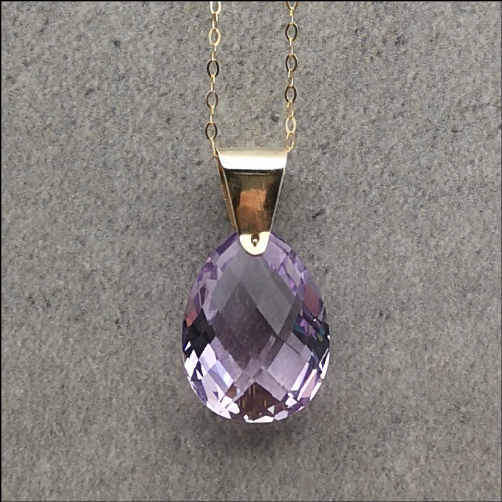 9ct Gold Exceptional Large (15ct) Faceted Pear Drop Amethyst Pendant and Chain