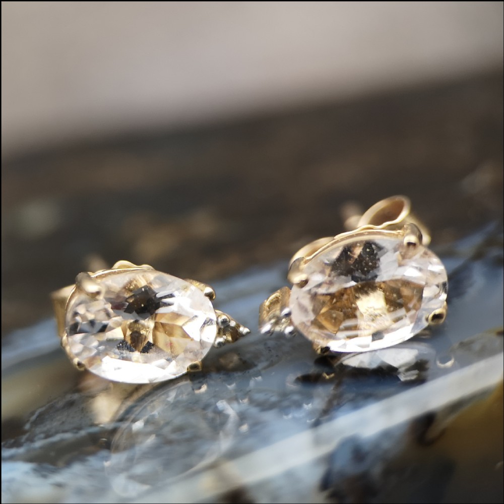 9ct Gold Diamond & White Tourmaline Stud Earrings
