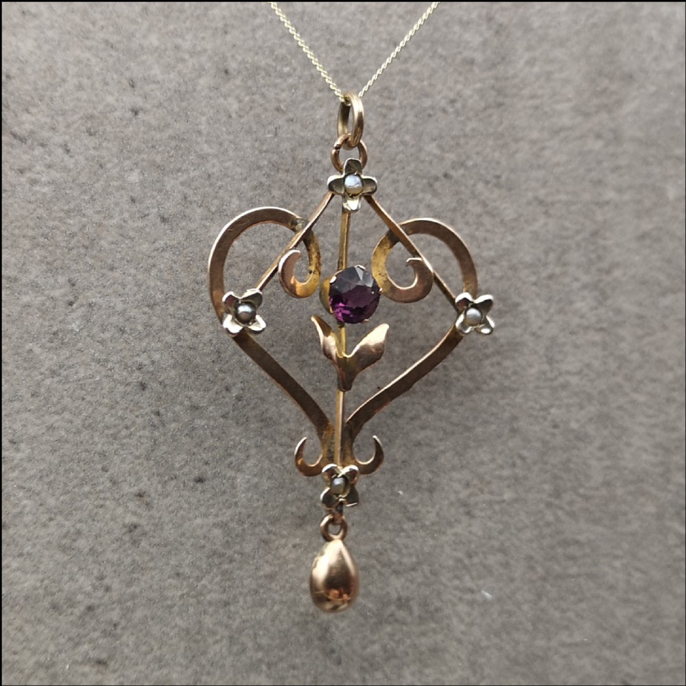 9ct Gold Victorian Amethyst and Seed Pearl Mourning Pendant and Chain
