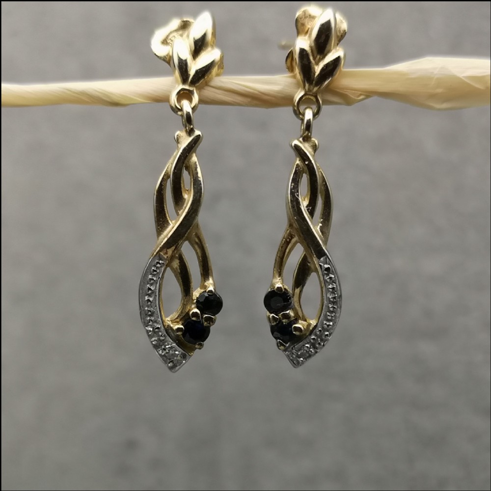 9ct Gold Art Deco Diamond & Sapphire Drop Earrings