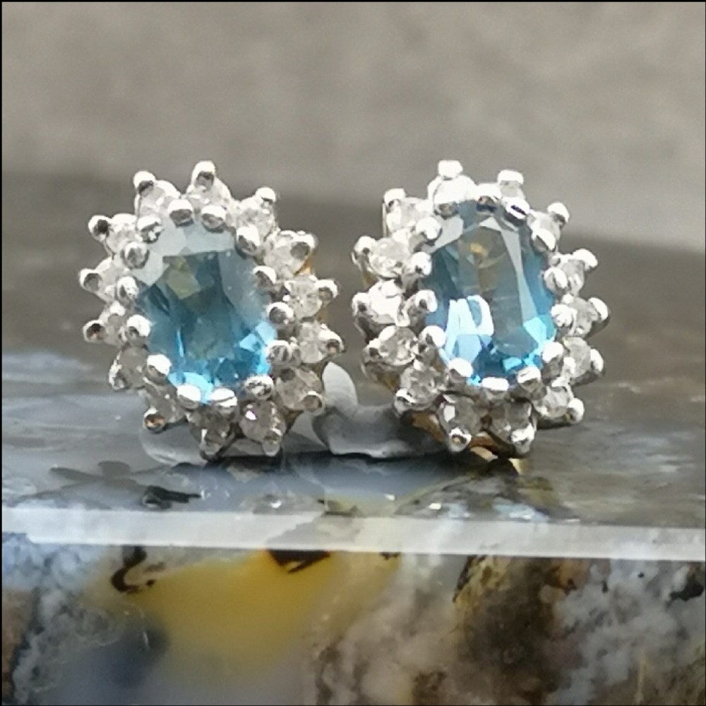 9ct Gold Diamond & Blue Topaz Cluster Stud Earrings