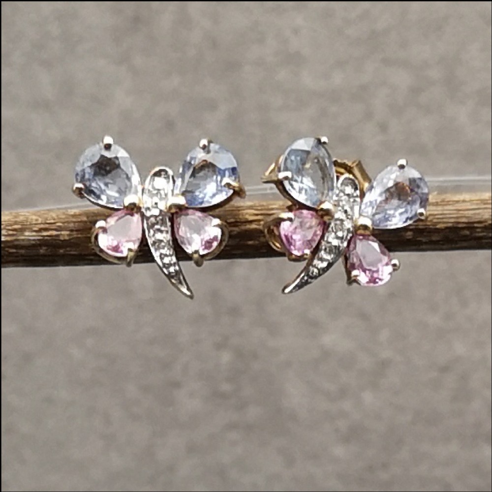 9ct Gold Diamond, Corn Flower Blue and Pink Sapphire Stud Earrings