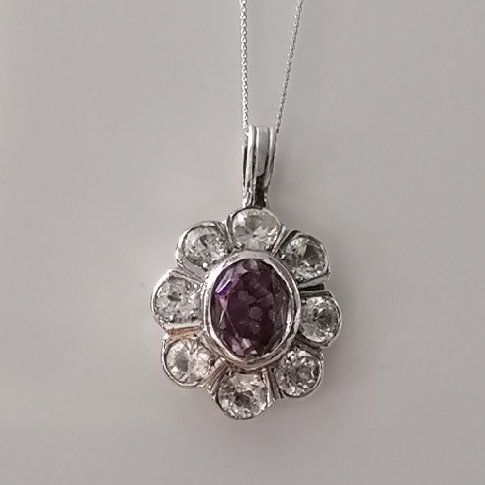 18ct White Gold Diamond (1.6ct) & Amethyst Pendant Necklace