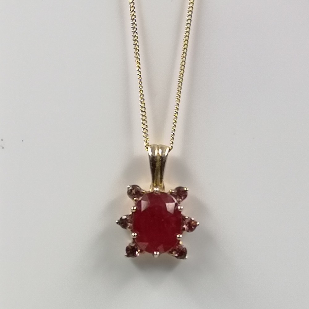 9ct Gold Ruby & Amethyst Cluster Pendant Necklace