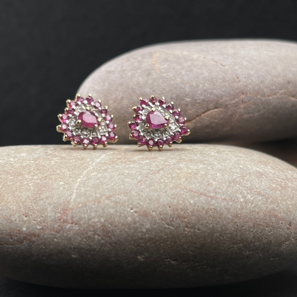 9ct Gold Ruby & Diamond Heart Large Stud Earrings