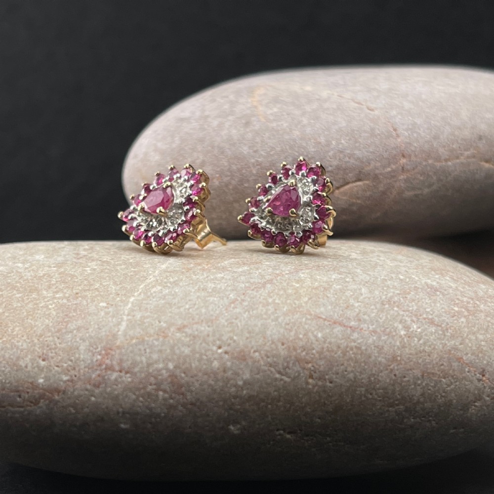 9ct Gold Ruby & Diamond Heart Large Stud Earrings View IV