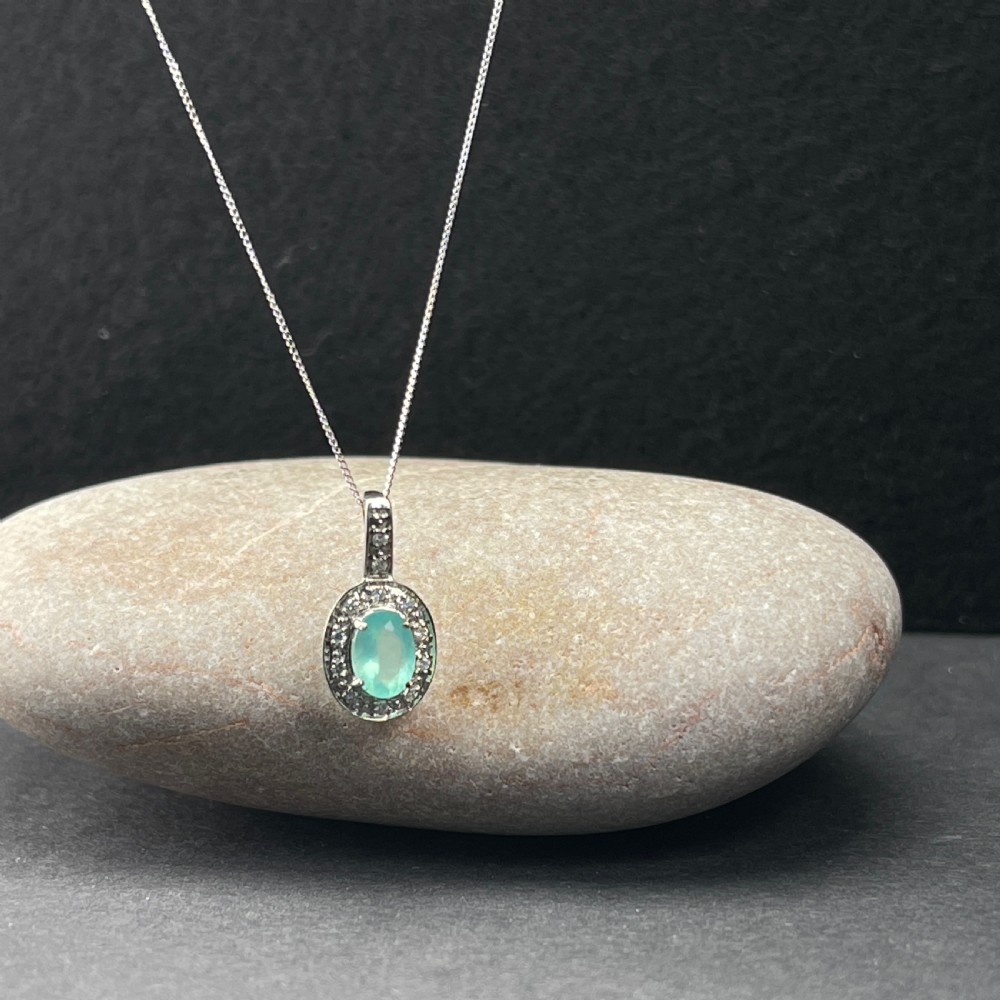 9ct White Gold Green Chalcedony Stone & Diamond Necklace Pendant View III