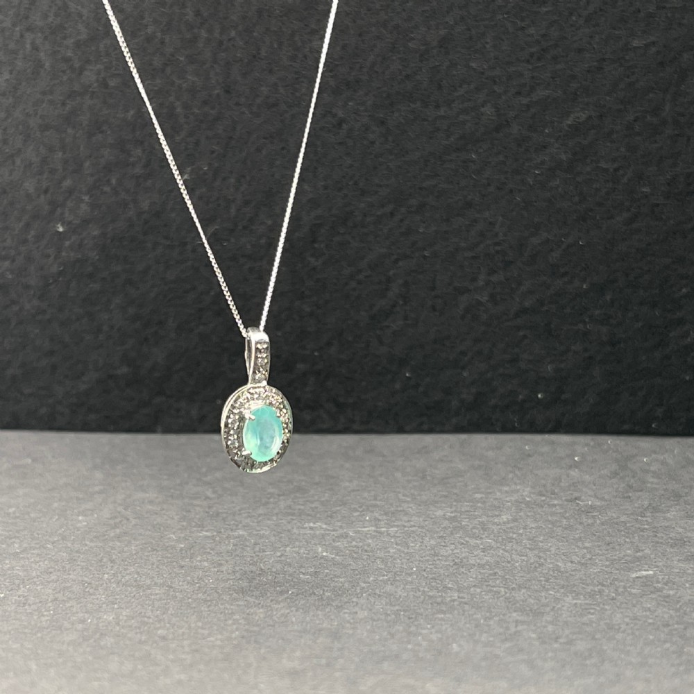 9ct White Gold Green Chalcedony Stone & Diamond Necklace Pendant View IV