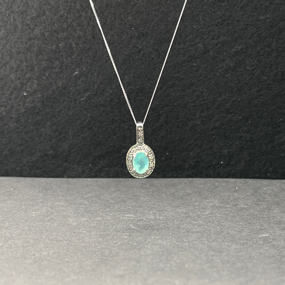 9ct White Gold Green Chalcedony Stone & Diamond Necklace Pendant View V