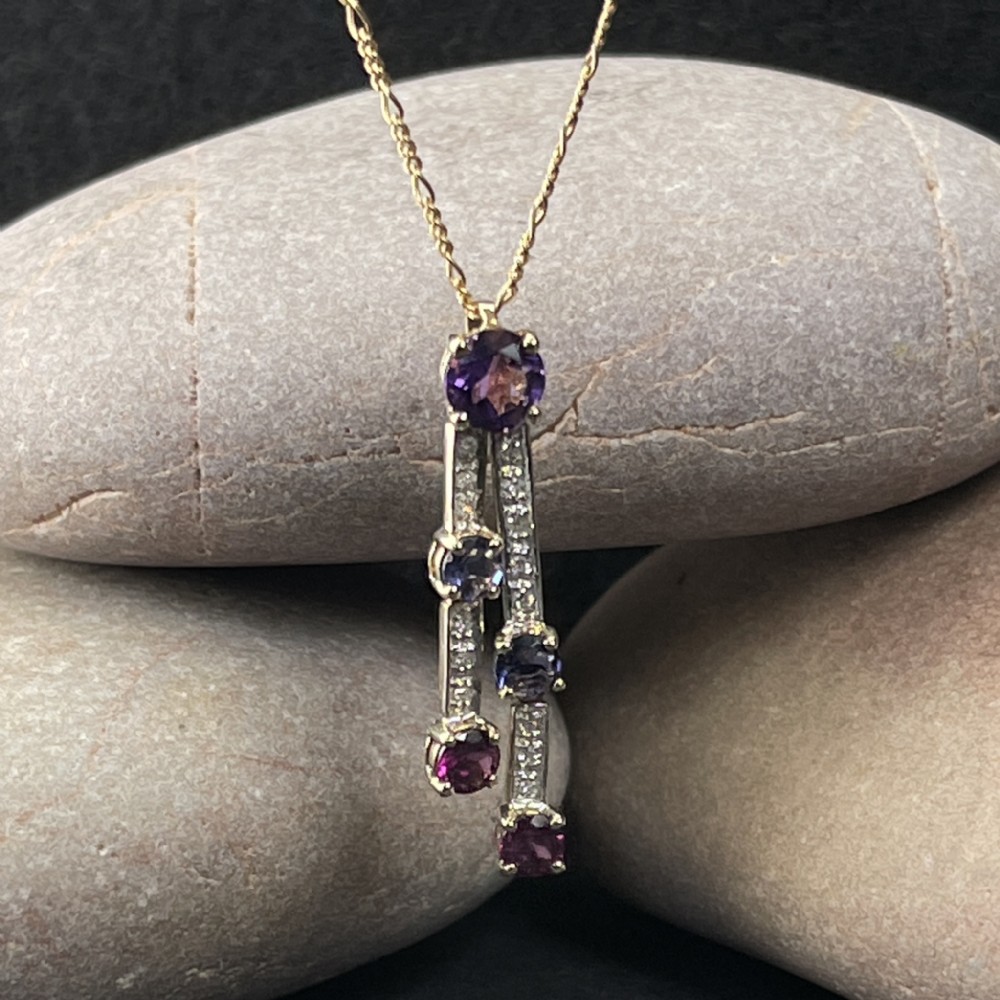 9ct Gold Diamond, Amethyst, Lolite & Garnet Necklace