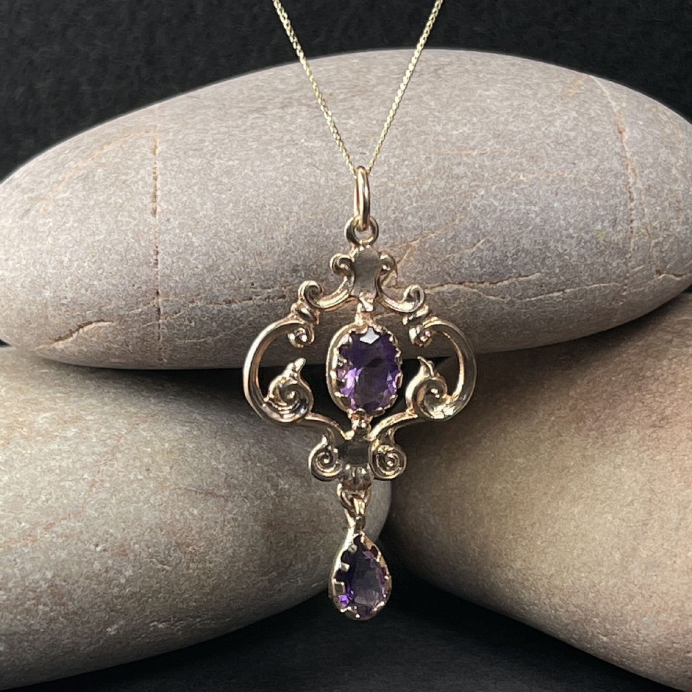 9ct Rose Gold Art Nouveau Amethyst Lavalier Pendant Necklace