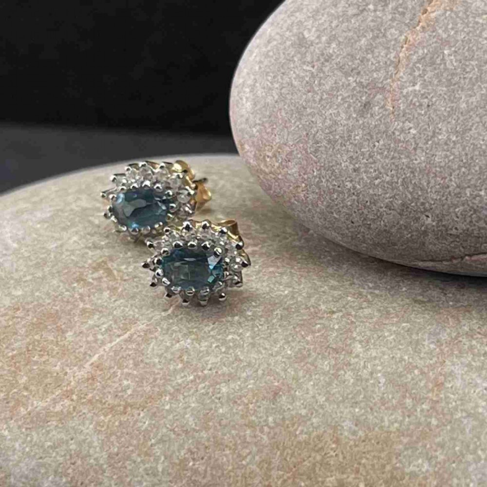 9ct Gold Diamond & Blue Topaz Cluster Stud Earrings