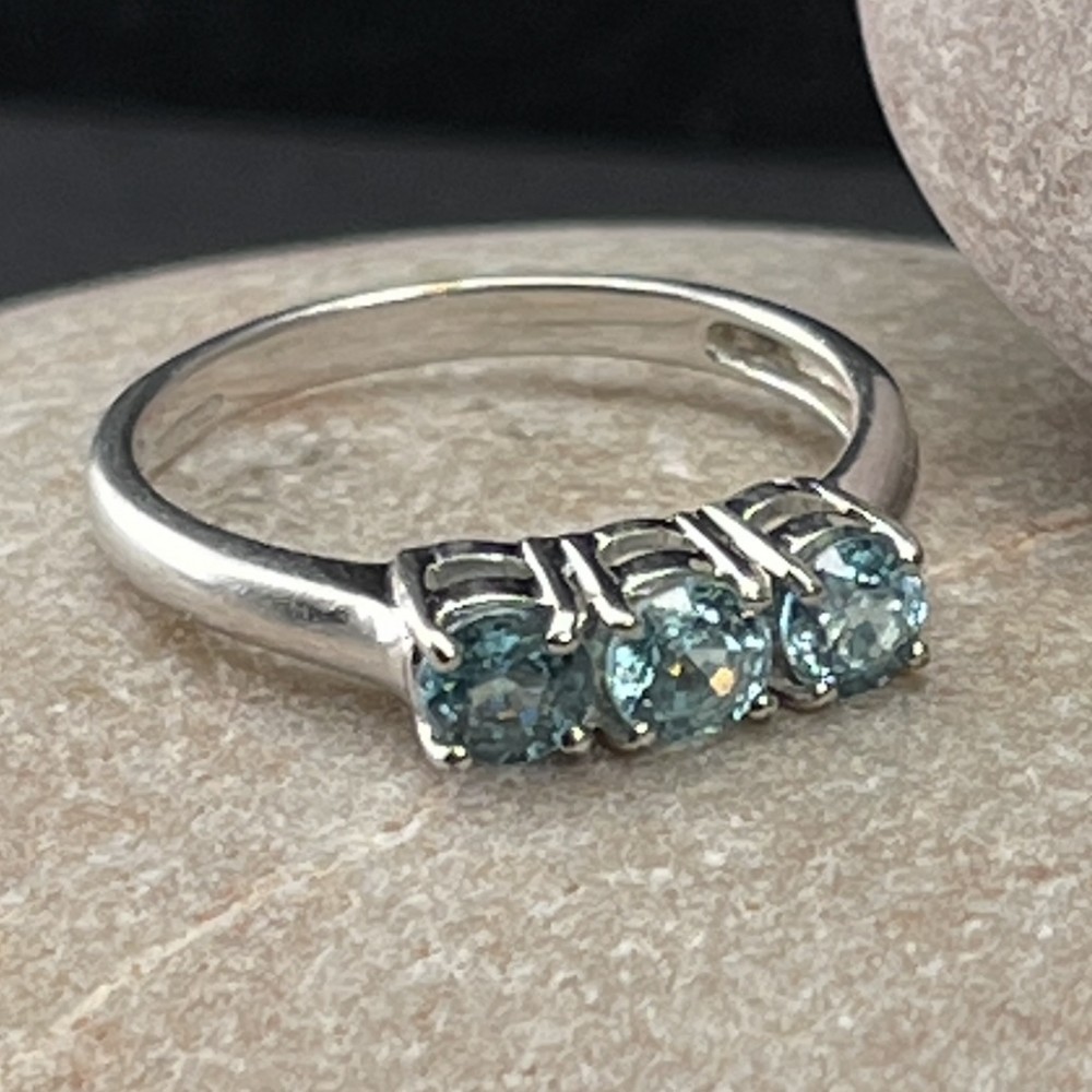 9ct White Gold Blue Zircon Three Stone Ring