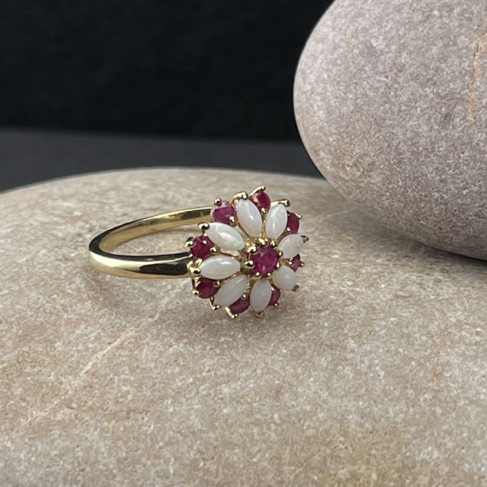 9ct Gold Ruby & Opal Cluster Ring