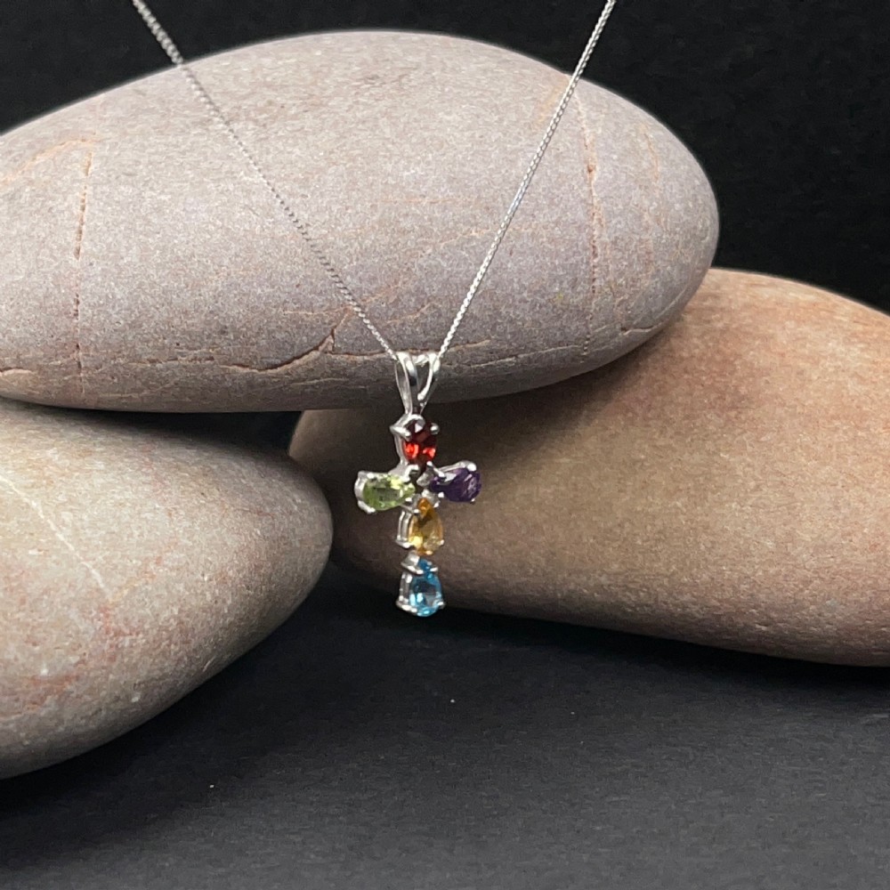 9ct White Gold Multi-Gem Cross Pendant Necklace View III