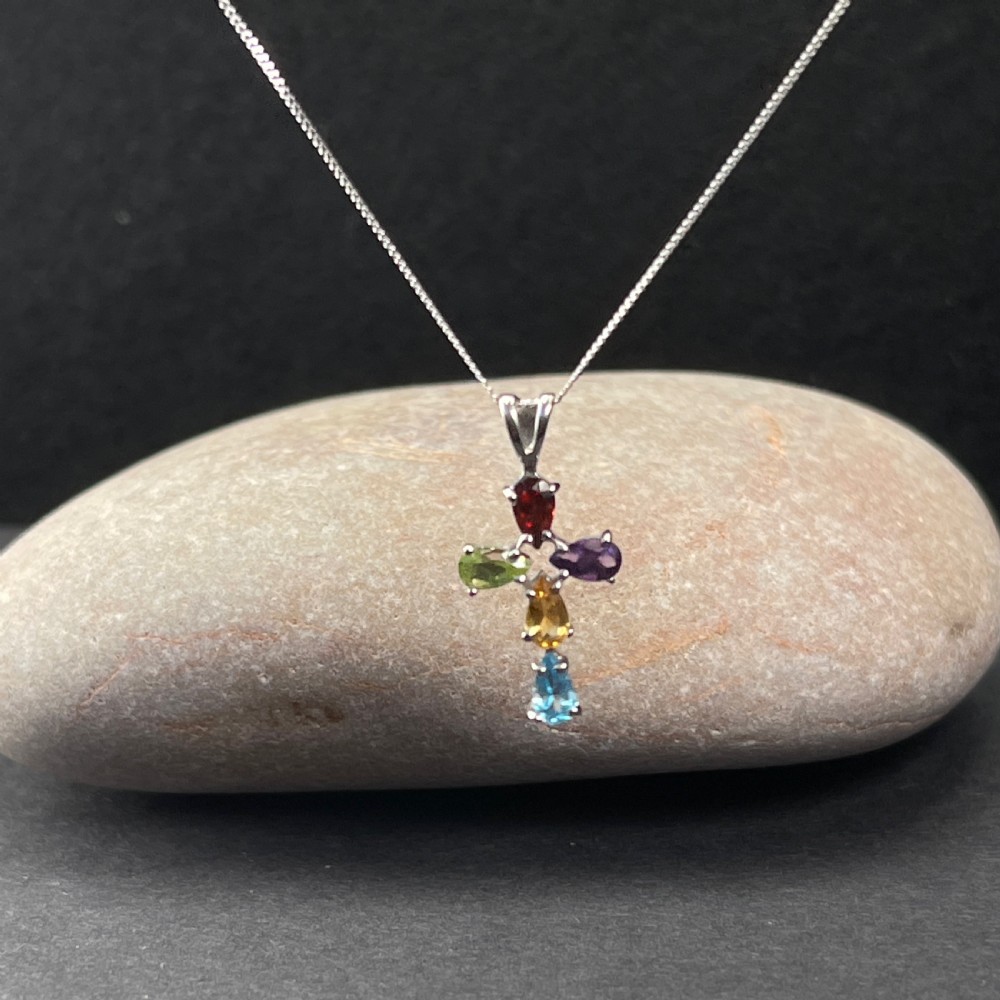 9ct White Gold Multi-Gem Cross Pendant Necklace View IV