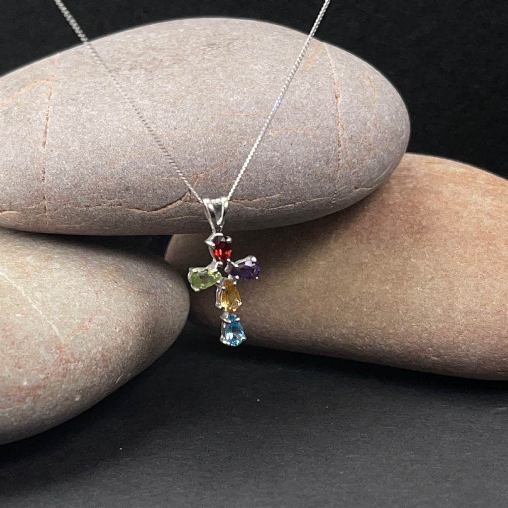 9ct White Gold Multi-Gem Cross Pendant Necklace View V
