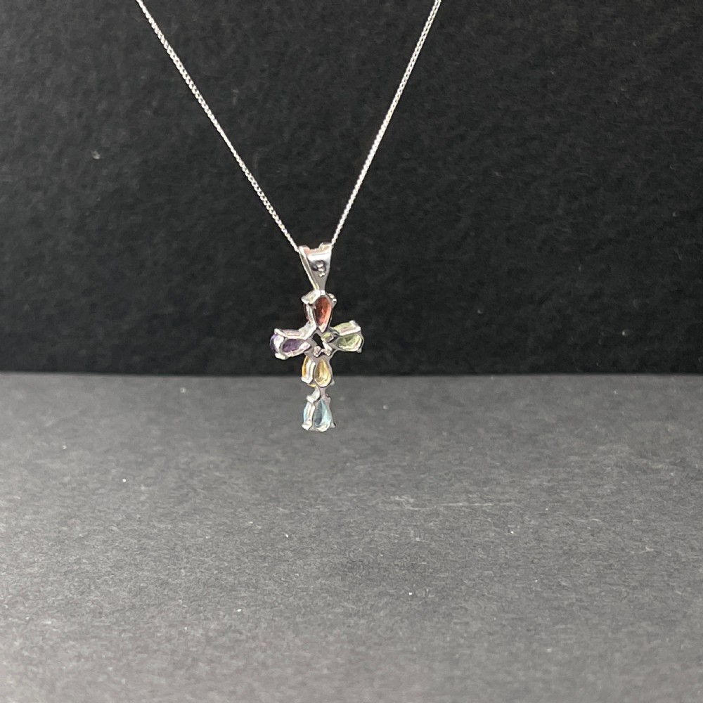 9ct White Gold Multi-Gem Cross Pendant Necklace View VIII