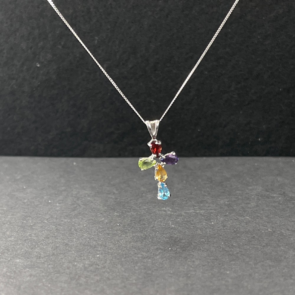 9ct White Gold Multi-Gem Cross Pendant Necklace View IX