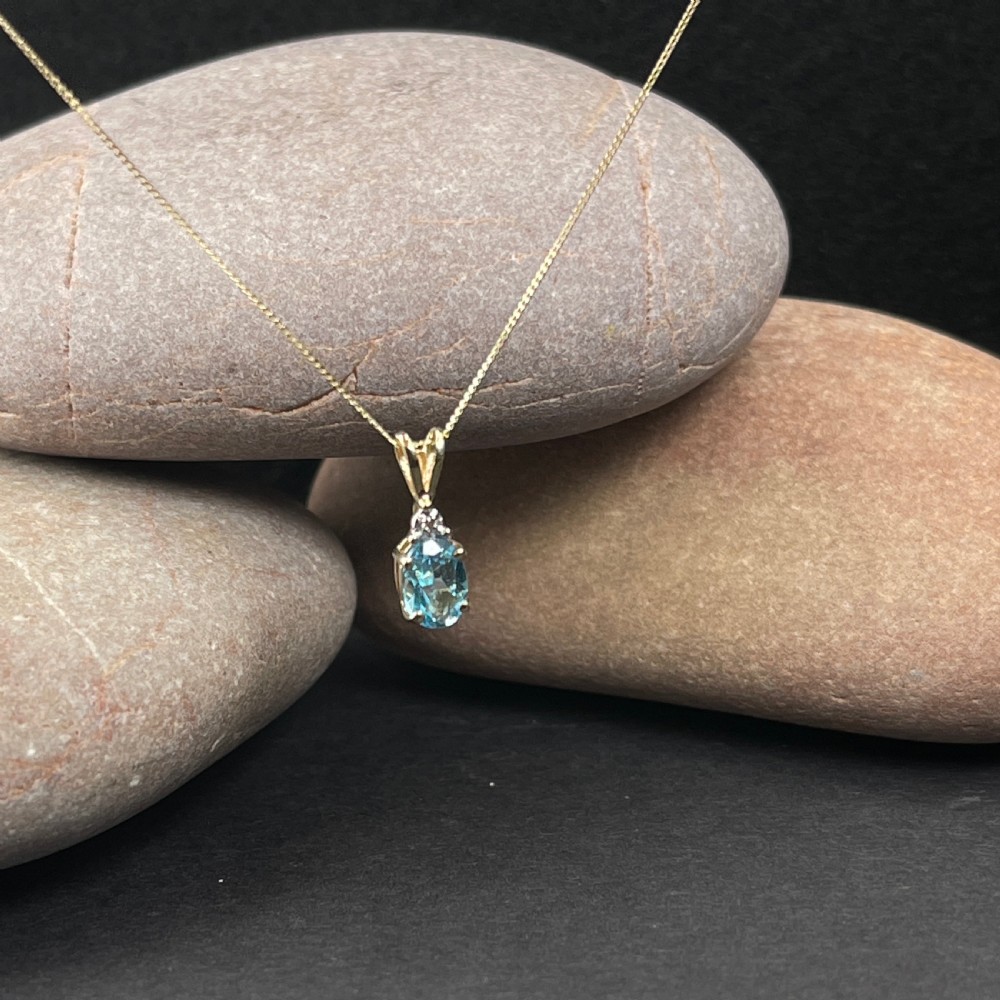 9ct Gold Diamond & Blue Topaz Pendant Necklace View II