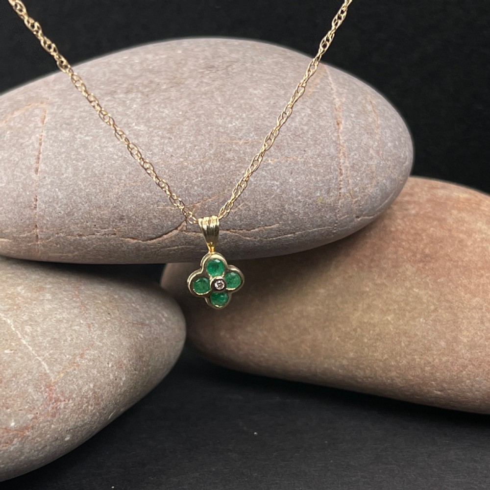 9ct Gold Emerald Clover & Diamond Pendant Necklace View II