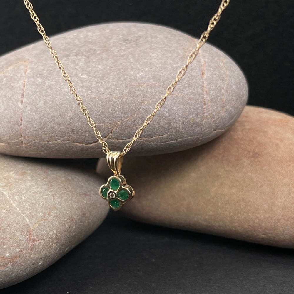 9ct Gold Emerald Clover & Diamond Pendant Necklace View III