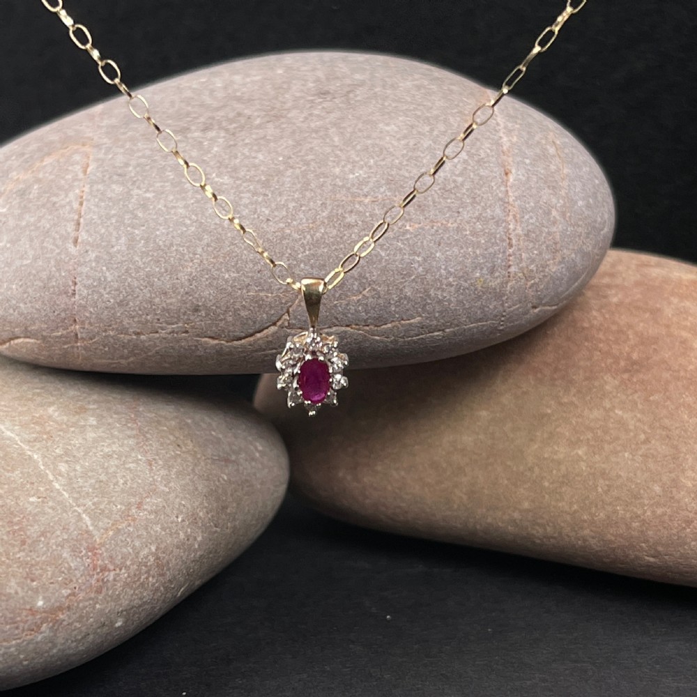 9ct Gold Ruby & Diamond Cluster Pendant Necklace View IV