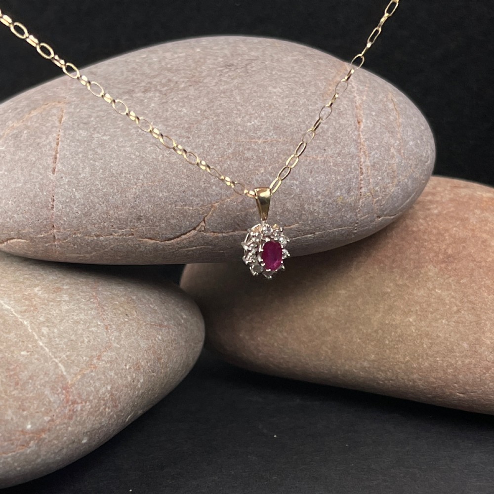 9ct Gold Ruby & Diamond Cluster Pendant Necklace View II