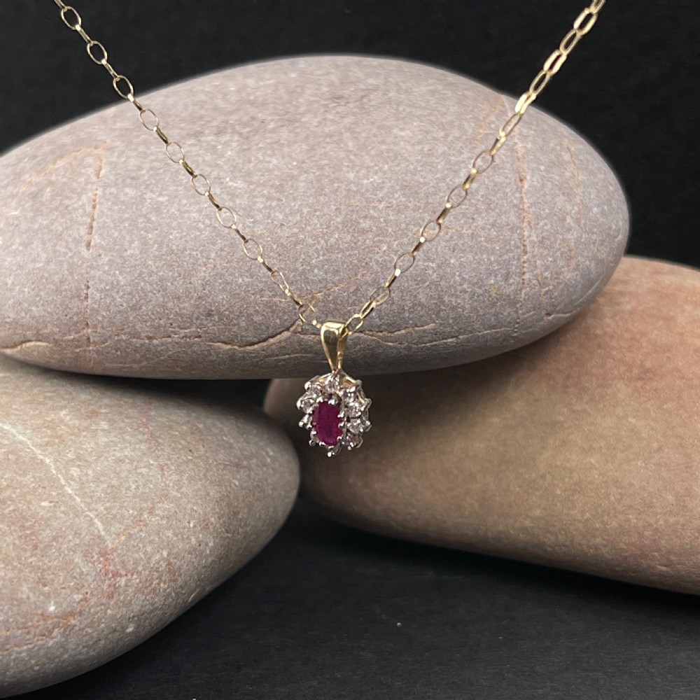 9ct Gold Ruby & Diamond Cluster Pendant Necklace View III