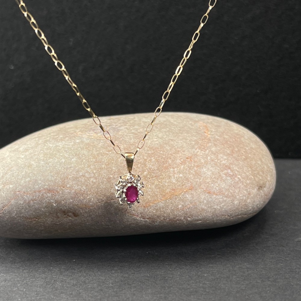 9ct Gold Ruby & Diamond Cluster Pendant Necklace View V