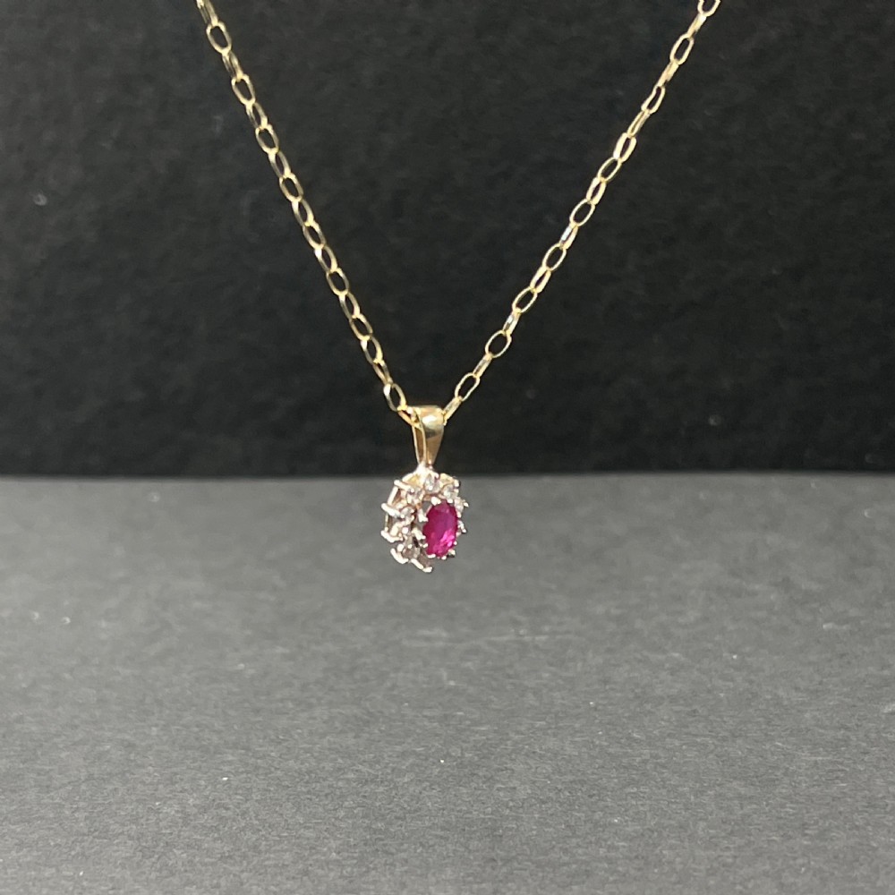 9ct Gold Ruby & Diamond Cluster Pendant Necklace View VI