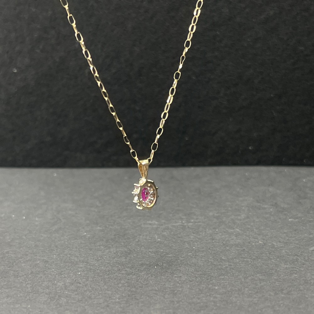 9ct Gold Ruby & Diamond Cluster Pendant Necklace View VII