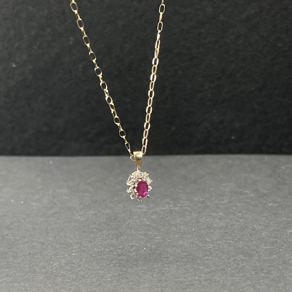 9ct Gold Ruby & Diamond Cluster Pendant Necklace View VIII
