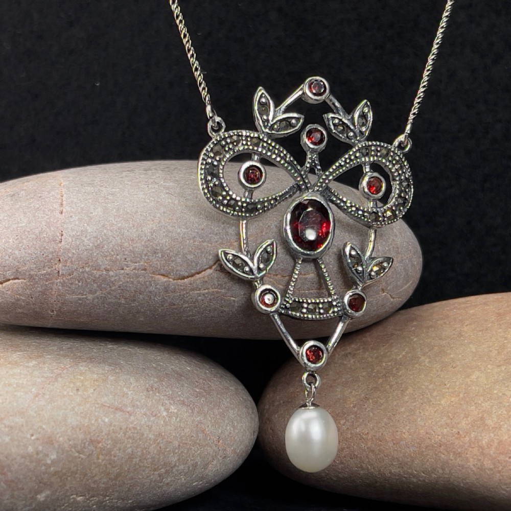 Antique Victorian Silver Garnet, Cultured Pearl & Marcasite Pendant Necklace