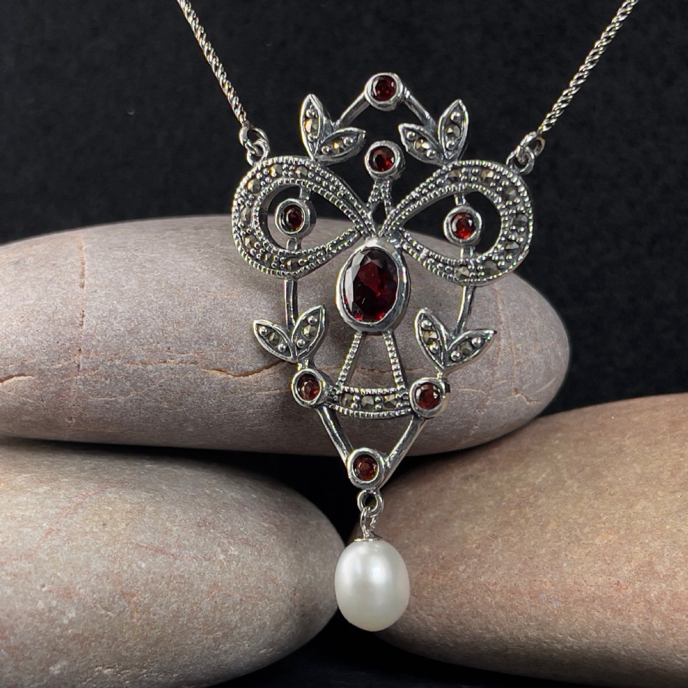 Antique Victorian Silver Garnet, Cultured Pearl & Marcasite Pendant Necklace View II